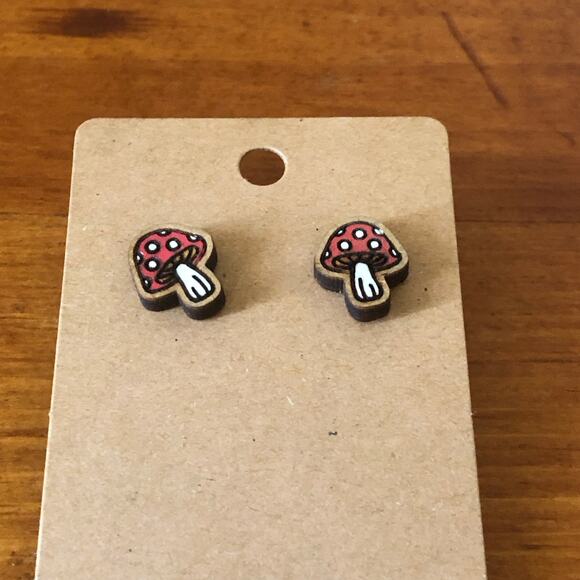 Hand Painted Red Mushroom Stud Earrings Hypoallergenic Lightweight Posts - Picture 3 of 5